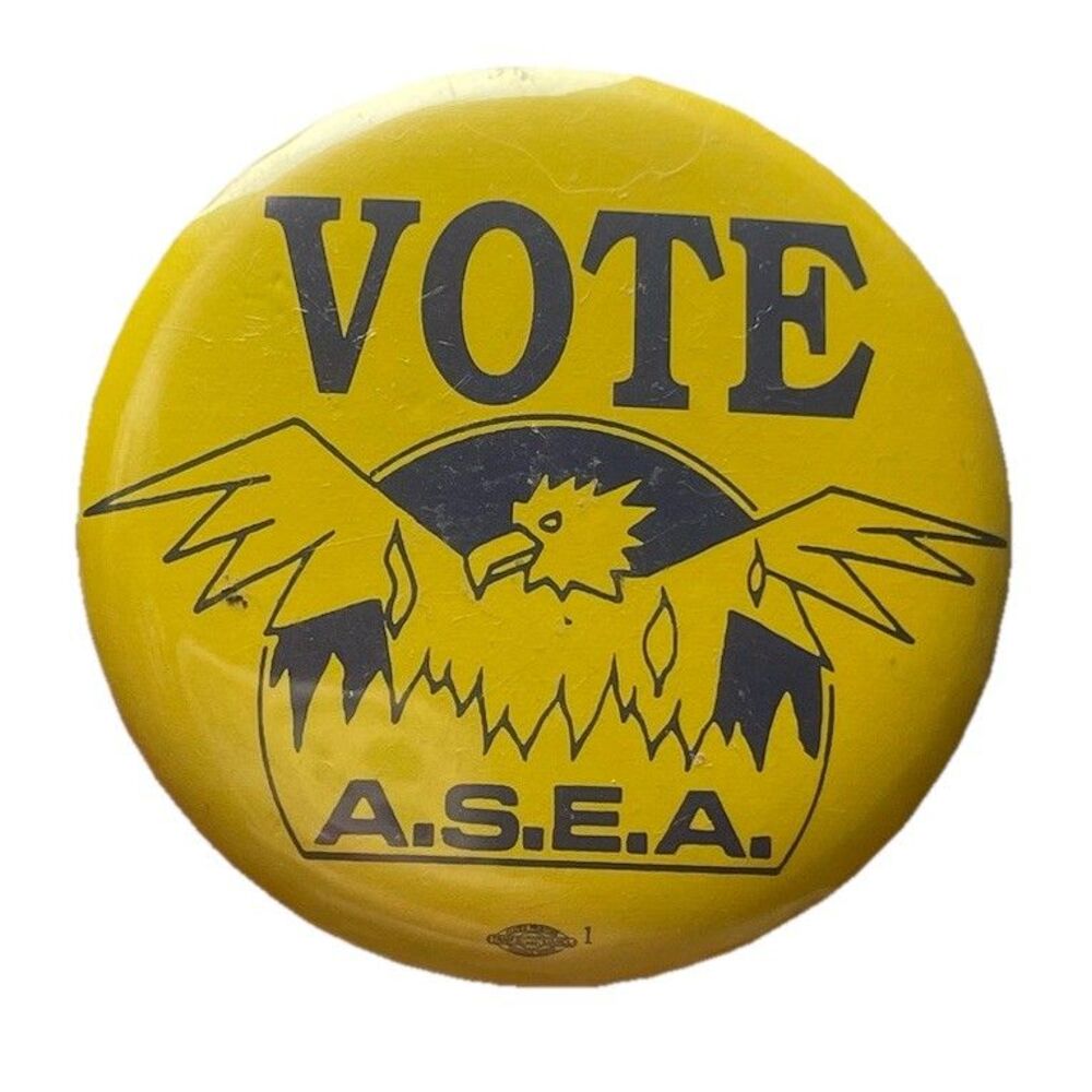 Vintage VOTE ASEA Pinback Button Alaska State Employees Association Union Eagle